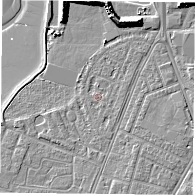 Shaded relief map of the ground around PO29SS, computed from Environment Agency LiDAR. The ground here sits at about 3 m above sea level and falls 12 m across the surrounding 800 m. Surface water reaching this point runs off ground lying to the south-south-east, 1.1 m higher.