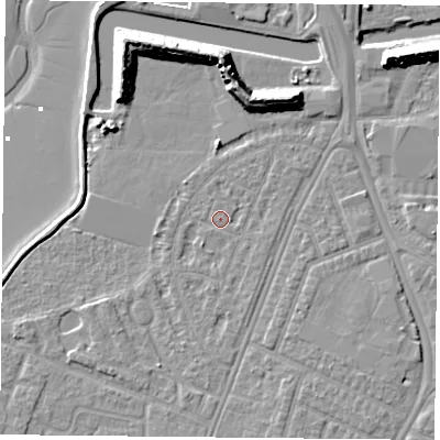Shaded relief map of the ground around PO29ST, computed from Environment Agency LiDAR. The ground here sits at about 3 m above sea level and falls 12 m across the surrounding 800 m. Surface water reaching this point runs off ground lying to the south-south-east, 1.1 m higher.
