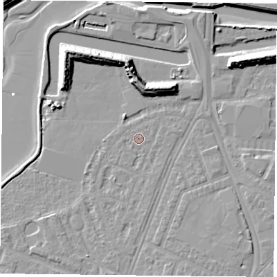 Shaded relief map of the ground around PO29SU, computed from Environment Agency LiDAR. The ground here sits at about 3 m above sea level and falls 12 m across the surrounding 800 m. Surface water reaching this point runs off ground lying to the south-west, 0.8 m higher.