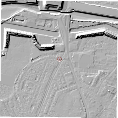 Shaded relief map of the ground around PO29SW, computed from Environment Agency LiDAR. The ground here sits at about 3 m above sea level and falls 13 m across the surrounding 800 m. Surface water reaching this point runs off ground lying to the south, 1.6 m higher.
