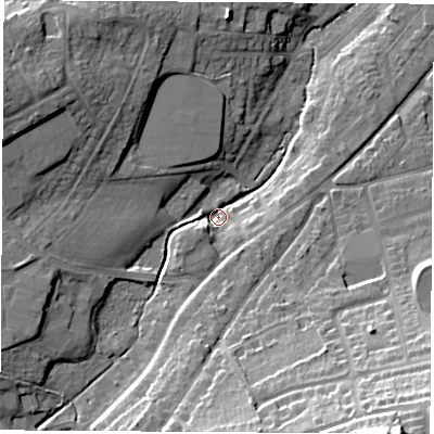 Shaded relief map of the ground around PO301DF, computed from Environment Agency LiDAR. The ground here sits at about 10 m above sea level and falls 37 m across the surrounding 800 m. Surface water reaching this point runs off ground lying to the south-south-west, 14.9 m higher.