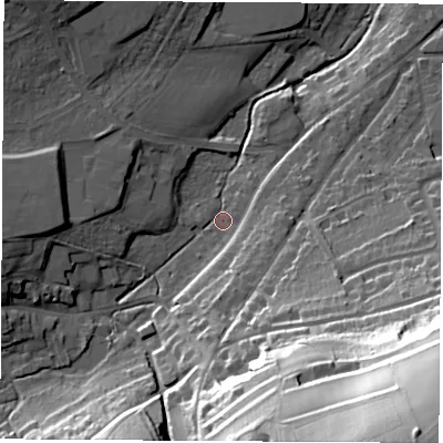 Shaded relief map of the ground around PO301DH, computed from Environment Agency LiDAR. The ground here sits at about 15 m above sea level and falls 72 m across the surrounding 800 m. Surface water reaching this point runs off ground lying to the south-south-east, 56.1 m higher.