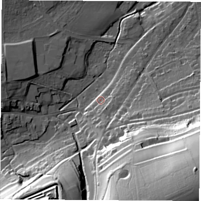 Shaded relief map of the ground around PO301DJ, computed from Environment Agency LiDAR. The ground here sits at about 19 m above sea level and falls 74 m across the surrounding 800 m. Surface water reaching this point runs off ground lying to the south-east, 67.3 m higher.