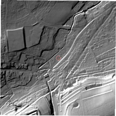 Shaded relief map of the ground around PO301DL, computed from Environment Agency LiDAR. The ground here sits at about 15 m above sea level and falls 73 m across the surrounding 800 m. Surface water reaching this point runs off ground lying to the south-east, 66.1 m higher.