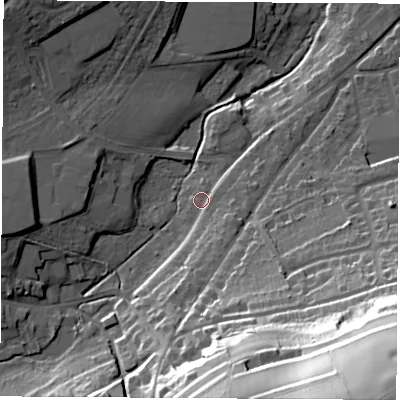 Shaded relief map of the ground around PO301DQ, computed from Environment Agency LiDAR. The ground here sits at about 16 m above sea level and falls 70 m across the surrounding 800 m. Surface water reaching this point runs off ground lying to the south-east, 5.6 m higher.