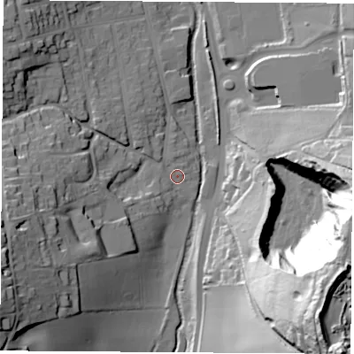Shaded relief map of the ground around PO301HS, computed from Environment Agency LiDAR. The ground here sits at about 10 m above sea level and falls 79 m across the surrounding 800 m. Surface water reaching this point runs off ground lying to the west-south-west, 36.3 m higher.