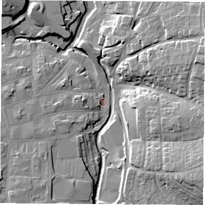 Shaded relief map of the ground around PO301JN, computed from Environment Agency LiDAR. The ground here sits at about 3 m above sea level and falls 27 m across the surrounding 800 m. Surface water reaching this point runs off ground lying to the east-north-east, 23.6 m higher.