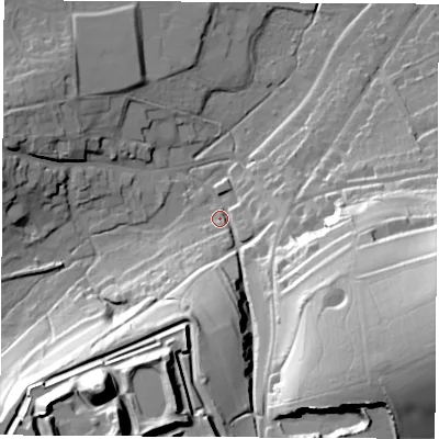 Shaded relief map of the ground around PO301NP, computed from Environment Agency LiDAR. The ground here sits at about 20 m above sea level and falls 68 m across the surrounding 800 m. Surface water reaching this point runs off ground lying to the south-east, 61.2 m higher.