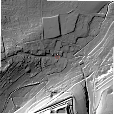 Shaded relief map of the ground around PO301NR, computed from Environment Agency LiDAR. The ground here sits at about 19 m above sea level and falls 62 m across the surrounding 800 m. Surface water reaching this point runs off ground lying to the west, 25.4 m higher.