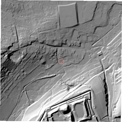Shaded relief map of the ground around PO301NS, computed from Environment Agency LiDAR. The ground here sits at about 19 m above sea level and falls 62 m across the surrounding 800 m. Surface water reaching this point runs off ground lying to the west-north-west, 15.0 m higher.