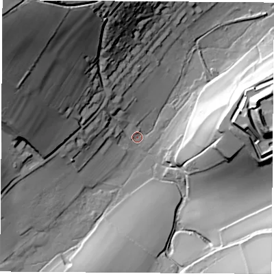Shaded relief map of the ground around PO301PD, computed from Environment Agency LiDAR. The ground here sits at about 25 m above sea level and falls 80 m across the surrounding 800 m. Surface water reaching this point runs off ground lying to the north-west, 72.1 m higher.