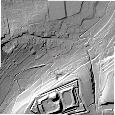 Shaded relief map of the ground around PO301PF, computed from Environment Agency LiDAR. The ground here sits at about 19 m above sea level and falls 63 m across the surrounding 800 m. Surface water reaching this point runs off ground lying to the south, 58.2 m higher.