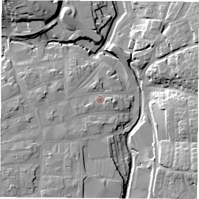 Shaded relief map of the ground around PO301SS, computed from Environment Agency LiDAR. The ground here sits at about 8 m above sea level and falls 21 m across the surrounding 800 m. Surface water reaching this point runs off ground lying to the west-south-west, 3.7 m higher.