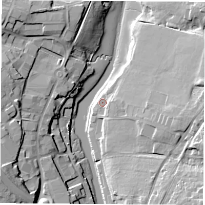 Shaded relief map of the ground around PO302DN, computed from Environment Agency LiDAR. The ground here sits at about 4 m above sea level and falls 22 m across the surrounding 800 m. Surface water reaching this point runs off ground lying to the east-south-east, 4.2 m higher.
