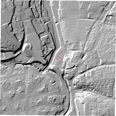 Shaded relief map of the ground around PO302EF, computed from Environment Agency LiDAR. The ground here sits at about 3 m above sea level and falls 25 m across the surrounding 800 m. Surface water reaching this point runs off ground lying to the east, 19.6 m higher.
