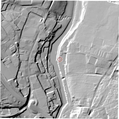Shaded relief map of the ground around PO302EH, computed from Environment Agency LiDAR. The ground here sits at about 2 m above sea level and falls 24 m across the surrounding 800 m. Surface water reaching this point runs off ground lying to the south-east, 22.0 m higher.