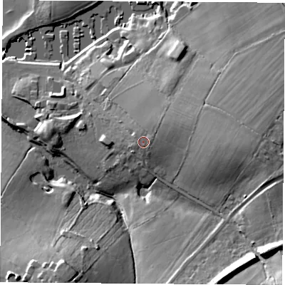 Shaded relief map of the ground around PO302LA, computed from Environment Agency LiDAR. The ground here sits at about 13 m above sea level and falls 26 m across the surrounding 800 m. Surface water reaching this point runs off ground lying to the east-north-east, 2.7 m higher.