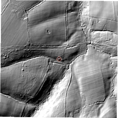 Shaded relief map of the ground around PO302ND, computed from Environment Agency LiDAR. The ground here sits at about 45 m above sea level and falls 34 m across the surrounding 800 m. Surface water reaching this point runs off ground lying to the west-south-west, 24.3 m higher.
