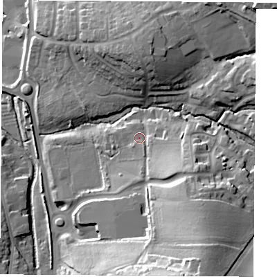Shaded relief map of the ground around PO302PH, computed from Environment Agency LiDAR. The ground here sits at about 14 m above sea level and falls 39 m across the surrounding 800 m. Surface water reaching this point runs off ground lying to the south-south-east, 25.1 m higher.