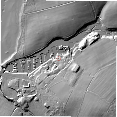 Shaded relief map of the ground around PO302QN, computed from Environment Agency LiDAR. The ground here sits at about 4 m above sea level and falls 23 m across the surrounding 800 m. Surface water reaching this point runs off ground lying to the south-south-east, 4.6 m higher.