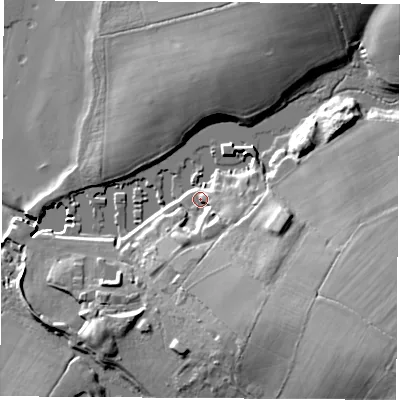 Shaded relief map of the ground around PO302QQ, computed from Environment Agency LiDAR. The ground here sits at about 4 m above sea level and falls 23 m across the surrounding 800 m. Surface water reaching this point runs off ground lying to the south-east, 14.3 m higher.