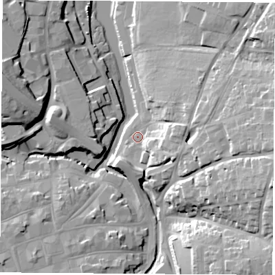 Shaded relief map of the ground around PO302QR, computed from Environment Agency LiDAR. The ground here sits at about 3 m above sea level and falls 26 m across the surrounding 800 m. Surface water reaching this point runs off ground lying to the east, 19.3 m higher.