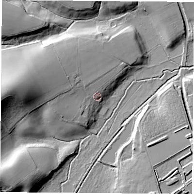 Shaded relief map of the ground around PO303AP, computed from Environment Agency LiDAR. The ground here sits at about 17 m above sea level and falls 31 m across the surrounding 800 m. Surface water reaching this point runs off ground lying to the west, 22.3 m higher.