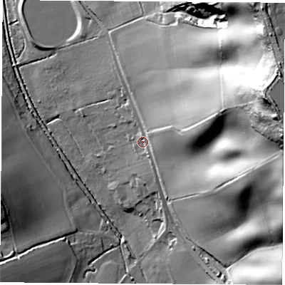 Shaded relief map of the ground around PO303BE, computed from Environment Agency LiDAR. The ground here sits at about 26 m above sea level and falls 91 m across the surrounding 800 m. Surface water reaching this point runs off ground lying to the east-north-east, 19.5 m higher.
