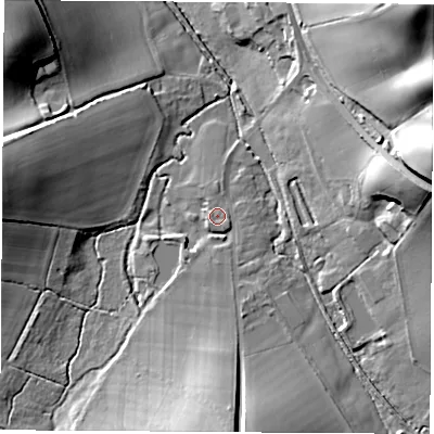 Shaded relief map of the ground around PO303BJ, computed from Environment Agency LiDAR. The ground here sits at about 18 m above sea level and falls 51 m across the surrounding 800 m. Surface water reaching this point runs off ground lying to the south-east, 1.2 m higher.
