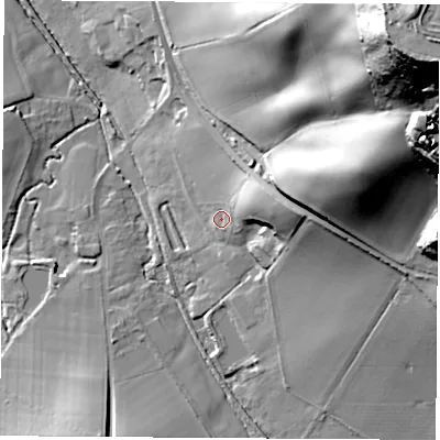 Shaded relief map of the ground around PO303BQ, computed from Environment Agency LiDAR. The ground here sits at about 23 m above sea level and falls 94 m across the surrounding 800 m. Surface water reaching this point runs off ground lying to the east-north-east, 14.2 m higher.