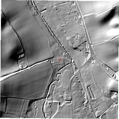 Shaded relief map of the ground around PO303BS, computed from Environment Agency LiDAR. The ground here sits at about 16 m above sea level and falls 60 m across the surrounding 800 m. Surface water reaching this point runs off ground lying to the west-south-west, 22.6 m higher.