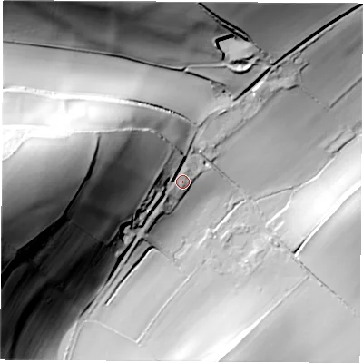 Shaded relief map of the ground around PO303HZ, computed from Environment Agency LiDAR. The ground here sits at about 45 m above sea level and falls 84 m across the surrounding 800 m. Surface water reaching this point runs off ground lying to the west-north-west, 26.2 m higher.