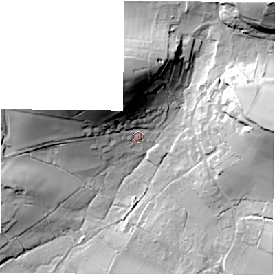 Shaded relief map of the ground around PO303JZ, computed from Environment Agency LiDAR. The ground here sits at about 57 m above sea level and falls 47 m across the surrounding 800 m. Surface water reaching this point runs off ground lying to the north-west, 20.5 m higher.