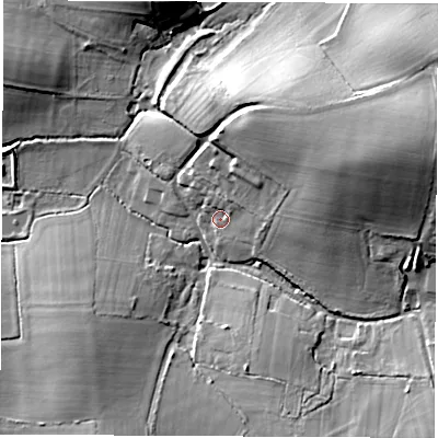 Shaded relief map of the ground around PO303LH, computed from Environment Agency LiDAR. The ground here sits at about 44 m above sea level and falls 23 m across the surrounding 800 m. Surface water reaching this point runs off ground lying to the east-north-east, 17.8 m higher.