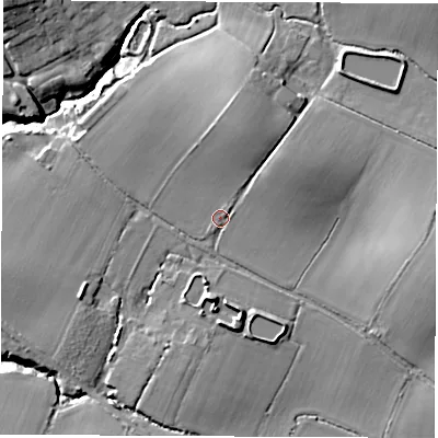 Shaded relief map of the ground around PO304AG, computed from Environment Agency LiDAR. The ground here sits at about 28 m above sea level and falls 21 m across the surrounding 800 m. Surface water reaching this point runs off ground lying to the north-north-east, 9.6 m higher.