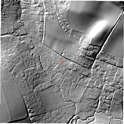 Shaded relief map of the ground around PO304AJ, computed from Environment Agency LiDAR. The ground here sits at about 38 m above sea level and falls 67 m across the surrounding 800 m. Surface water reaching this point runs off ground lying to the east, 3.6 m higher.