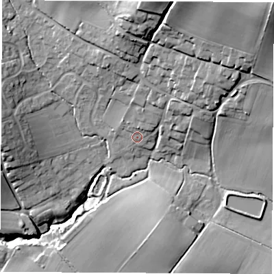 Shaded relief map of the ground around PO304BB, computed from Environment Agency LiDAR. The ground here sits at about 32 m above sea level and falls 53 m across the surrounding 800 m. Surface water reaching this point runs off ground lying to the north-east, 28.7 m higher.