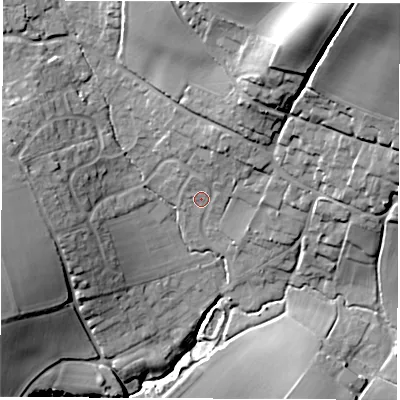 Shaded relief map of the ground around PO304BD, computed from Environment Agency LiDAR. The ground here sits at about 33 m above sea level and falls 50 m across the surrounding 800 m. Surface water reaching this point runs off ground lying to the north-north-east, 8.8 m higher.