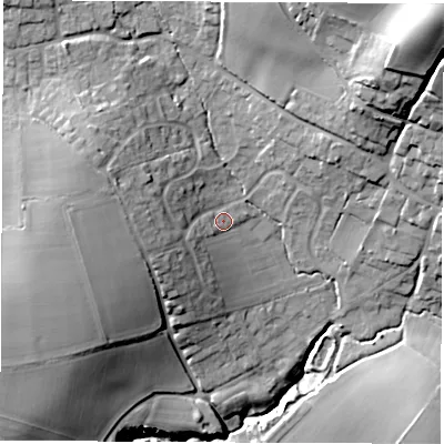 Shaded relief map of the ground around PO304BE, computed from Environment Agency LiDAR. The ground here sits at about 34 m above sea level and falls 48 m across the surrounding 800 m. Surface water reaching this point runs off ground lying to the west, 10.4 m higher.