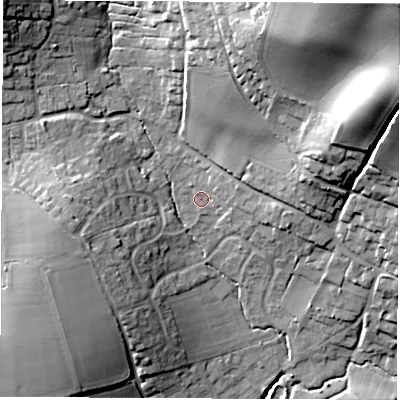 Shaded relief map of the ground around PO304BL, computed from Environment Agency LiDAR. The ground here sits at about 34 m above sea level and falls 52 m across the surrounding 800 m. Surface water reaching this point runs off ground lying to the north-east, 3.4 m higher.