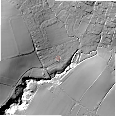 Shaded relief map of the ground around PO304BP, computed from Environment Agency LiDAR. The ground here sits at about 29 m above sea level and falls 35 m across the surrounding 800 m. Surface water reaching this point runs off ground lying to the north-west, 16.1 m higher.