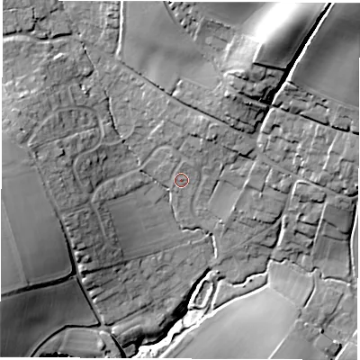Shaded relief map of the ground around PO304BQ, computed from Environment Agency LiDAR. The ground here sits at about 33 m above sea level and falls 49 m across the surrounding 800 m. Surface water reaching this point runs off ground lying to the north-north-east, 8.4 m higher.
