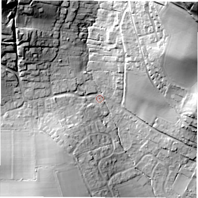 Shaded relief map of the ground around PO304DJ, computed from Environment Agency LiDAR. The ground here sits at about 36 m above sea level and falls 68 m across the surrounding 800 m. Surface water reaching this point runs off ground lying to the north-east, 62.1 m higher.