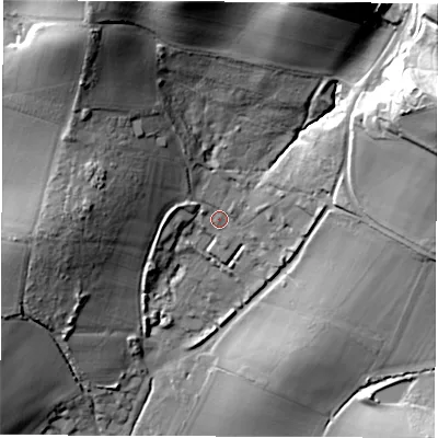 Shaded relief map of the ground around PO304EJ, computed from Environment Agency LiDAR. The ground here sits at about 32 m above sea level and falls 64 m across the surrounding 800 m. Surface water reaching this point runs off ground lying to the east-north-east, 50.3 m higher.