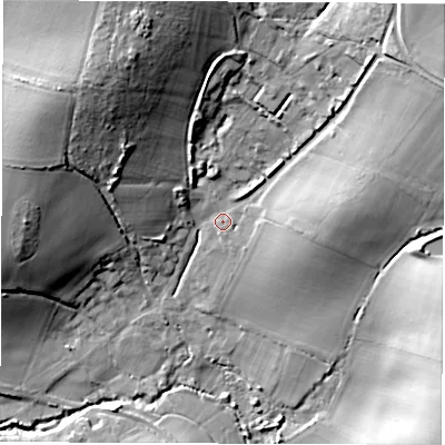 Shaded relief map of the ground around PO304ER, computed from Environment Agency LiDAR. The ground here sits at about 22 m above sea level and falls 49 m across the surrounding 800 m. Surface water reaching this point runs off ground lying to the north-east, 37.6 m higher.