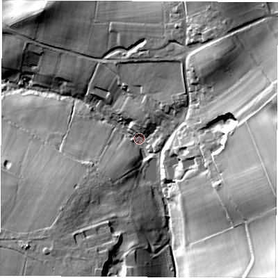 Shaded relief map of the ground around PO304JF, computed from Environment Agency LiDAR. The ground here sits at about 48 m above sea level and falls 48 m across the surrounding 800 m. Surface water reaching this point runs off ground lying to the south-east, 40.9 m higher.