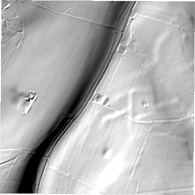 Shaded relief map of the ground around PO304JH, computed from Environment Agency LiDAR. The ground here sits at about 76 m above sea level and falls 94 m across the surrounding 800 m. Surface water reaching this point runs off ground lying to the south-east, 75.9 m higher.