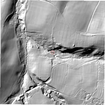 Shaded relief map of the ground around PO304JN, computed from Environment Agency LiDAR. The ground here sits at about 30 m above sea level and falls 36 m across the surrounding 800 m. Surface water reaching this point runs off ground lying to the south-east, 29.0 m higher.
