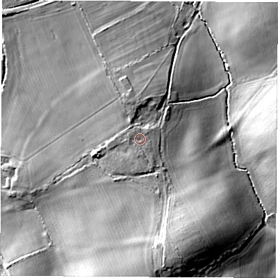 Shaded relief map of the ground around PO304JX, computed from Environment Agency LiDAR. The ground here sits at about 33 m above sea level and falls 27 m across the surrounding 800 m. Surface water reaching this point runs off ground lying to the south-south-east, 2.5 m higher.