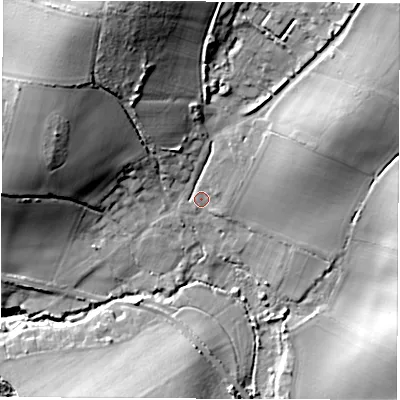 Shaded relief map of the ground around PO304LD, computed from Environment Agency LiDAR. The ground here sits at about 18 m above sea level and falls 39 m across the surrounding 800 m. Surface water reaching this point runs off ground lying to the north-east, 27.8 m higher.